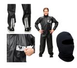 Combo Capa Roupa Chuva + Capuz Touca Ninja Vestimenta Vestuário Jaqueta Calça Pantaneiro Pvc Preta Moto Motoqueiro