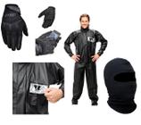 Combo Capa Roupa Chuva + Luva X11 Fit + Capuz Touca Ninja Frio Inverno Vestimenta Vestuário Jaqueta Calça Pantaneiro Pvc Preta Moto Motoqueiro