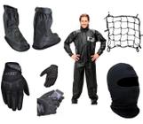 Combo Capa Roupa Chuva + Luva X11 Fit + Capuz Touca Ninja + Polaina Galocha + Rede Elástica Vestimenta Vestuário Jaqueta Calça Pantaneiro Pvc Preta Mo