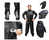 Combo Capa Roupa Chuva + Luva X11 Fit Frio Inverno Vestimenta Vestuário Jaqueta Calça Pantaneiro Pvc Preta Moto Motoqueiro