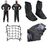 Combo Capa Roupa Chuva + Luva X11 Fit Touch Screen Frio Inverno + Polaina Galocha + Rede Elástica Aranha Jaqueta Calça Pantaneiro Nylon Preta Moto Mot