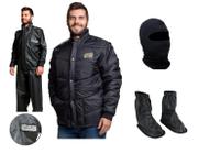 Combo Capa Roupa Chuva Pvc Preta + Jaqueta Frio Inverno Tradicional Cr Califórnia + Polaina Galocha + Capuz Ninja