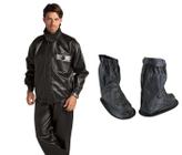 Combo Capa Roupa Chuva Vestimenta Vestuário Jaqueta Calça Alba Europa Pvc Preta Moto Motoqueiro + Polaina Galocha