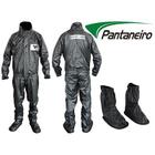 Combo Capa Roupa Chuva Vestimenta Vestuário Jaqueta Calça Pantaneiro Pvc Preta Moto Motoqueiro + Polaina Galocha