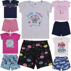 Combo Kit 5 Conjuntos Infantil Blusa Manga Curta e Shorts Liso e Estampadas Algodão