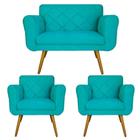 Combo Namoradeira e 2 Poltrona Decorativa Para Escritório Isabella Suede Azul Turquesa - LM DECOR