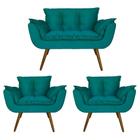 Combo Namoradeira e 2 Poltronas Estofadas Salão de Beleza Opala Suede Azul Turquesa - DL Decor - Doce Lar Decorações