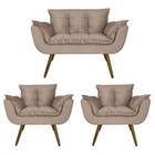 Combo Namoradeira e 2 Poltronas Estofadas Salão de Beleza Opala Suede Bege - DL Decor - Doce Lar Decorações