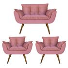 Combo Namoradeira e 2 Poltronas Estofadas Salão de Beleza Opala Suede Rosa - DL Decor