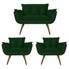 Combo Namoradeira e 2 Poltronas Estofadas Salão de Beleza Opala Suede Verde - LM DECOR