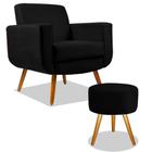 Combo Poltrona para Sala de TV Cristal com Puff Redondo Suede Preto