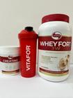 Combo Whey Protein 3W Fort Pote de 900g Sabor Paçoca e Creatina (Creatine)de 300g -Vitafor