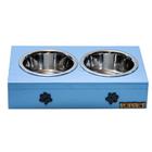 Comedouro Duplo Para Cães e Gatos Patinhas Madeira Com Potes Inox Luppet Azul