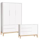 Cômoda com Porta e Guarda Roupa Infantil 3 Portas New Classic Branco com Pés Madeira Natural  Reller