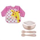 COMP Kit Jogo Infantil Tramontina Le Petit Rosa 3 Peças + Babador Com Manga Girafa Infantil Cata-Migalhas