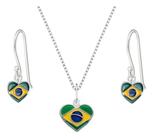 Conj. Colar Brinco Zirconia Bandeira Brasil Coração Prata