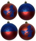 Conjunto 04 Bolas Bolinhas Princesa Branca De Neve - Enfeites Árvore De Natal - Princesas Disney - Azul E Vermelho - Cromus