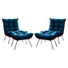 Conjunto 2 Poltronas Costela Com Puff Tecido Veludo Azul