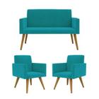 Conjunto 2 Poltronas Decorativas Nina e 1 Namoradeira Pés Palito Suede Azul Tifany VictoriaDecor