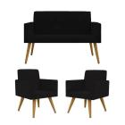 Conjunto 2 Poltronas Decorativas Nina e 1 Namoradeira Pés Palito Suede Preto DecorArt