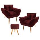 Conjunto 2 Poltronas Decorativas Opala e 1 Puff Redondo Pés Palito Suede Vicky Decor