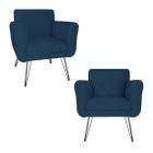 Conjunto 2 Poltronas Estofadas Para Consultório Pés de Ferro Isabella Suede Azul Marinho - LM DECOR