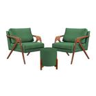 Conjunto 2 Poltronas Mona Decorativa e 1 Puff Thor Estofado Base Madeira Maciça Linho Verde