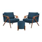 Conjunto 2 Poltronas Mona Decorativa e 1 Puff Thor Estofado Base Madeira Maciça Veludo Azul Marinho