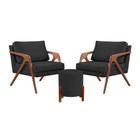 Conjunto 2 Poltronas Mona Decorativa e 1 Puff Thor Estofado Base Madeira Maciça Veludo Preto