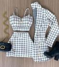 Conjunto 3 Peças Blazer Short Saia Cropped Xadrez Premium