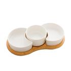 Conjunto 3 Petisqueiras Porcelana Bon Gourmet Base Bambu Branco Matt