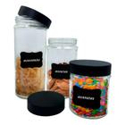 Conjunto 3 Potes Vidro Kit Com Tampa e Adesivo Lousa Para Escrever Jogo Porta Mantimentos Organização Alimentos