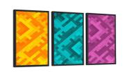 Conjunto 3 Quadros Decorativo Forma Linha Amarelo Azul Rosa Com Vidro 40X60CM