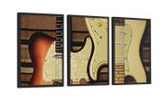 Conjunto 3 Quadros Decorativos Guitarras Branca e Marrom Com Vidro 40X60CM