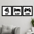 Conjunto 3 Quadros em MDF Eat, Sleep, Game com Moldura