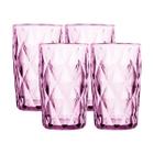 Conjunto 4 Copos de Vidro Diamond Rosa Transparente Alto Grande 350ML Linha Cristal Luxo Elegante