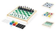 Conjunto 4x1 Jogos Tabuleiro Xadrez, Damas, Trilha E Ludo