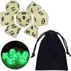 Conjunto 7 Dados Rpg D&d Verde Brilha No Escuro + 1 Bolsa