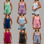 Conjunto Academia Feminino Regata Nadador+Short 2em1 com Bermuda compressão e Bolso Oculto Celular