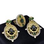 Conjunto Anel e Brincos Verde Esmeralda Rendado Zirconias Banho Ouro 18k 3499 3500