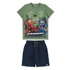 Conjunto Avengers Assemble Malwee Camiseta Bermuda Moletinho Vingadores Capitão América Homem de Ferro Azul Verde Tam 6 ao 12 Menino