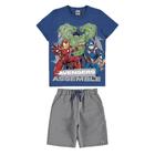 Conjunto Avengers Assemble Malwee Camiseta Bermuda Moletinho Vingadores Capitão América Homem de Ferro Azul Verde Tam 6 ao 12 Menino