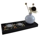 Conjunto Bandeja Com Difusor Porta Velas Jardim Zen Madeira 12cm