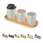 Conjunto Banheiro Osaka Cerâmica Dispenser Escova Bambu