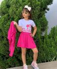 Conjunto Barbie Saia rodada Casaco e camiseta pink