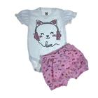 Conjunto bebê body curto branco estampa gata e shorts rosa estamapado