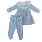 Conjunto Bebê Menina Vestido Tricot Azul Laço E Calça Luxo