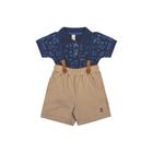 Conjunto Bebê Menino Glinny Polo Algodão Bermuda Moletom e Suspensório Azul/Marrom