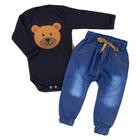 Conjunto Bebê Urso Charmoso Body Preto Bordado e Calça Jeans