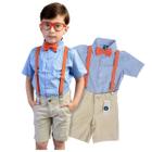 Conjunto Blippi Manga Curta Bermuda Infantil Gravata e Suspensório laranja